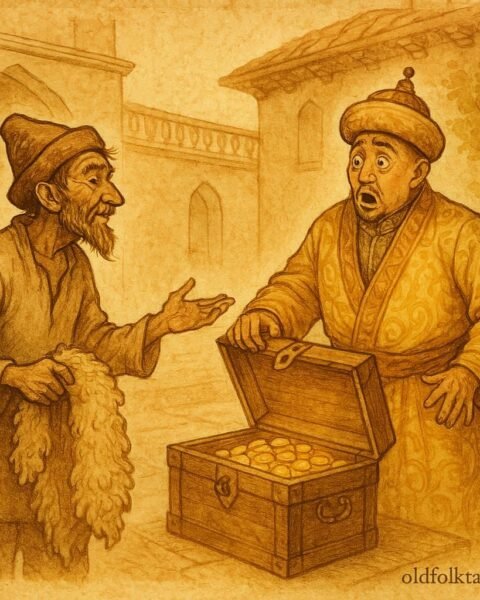 Parchment-style illustration of Aldar Kose tricking a rich Kazakh man to reveal his gold.