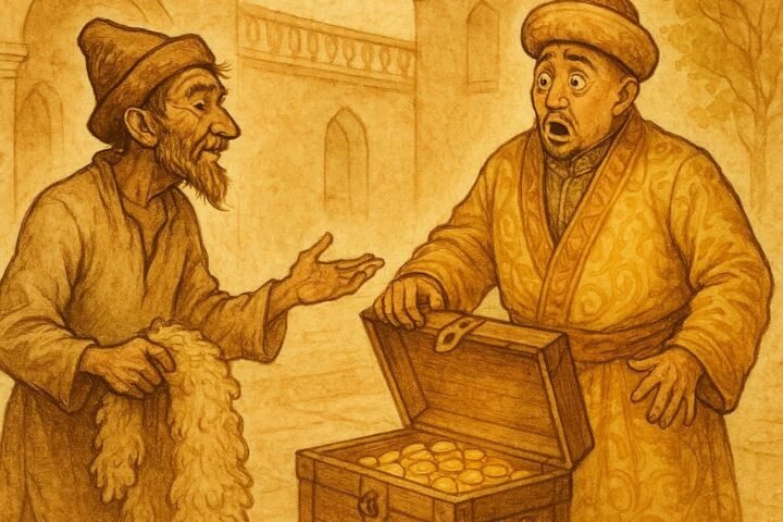 Parchment-style illustration of Aldar Kose tricking a rich Kazakh man to reveal his gold.