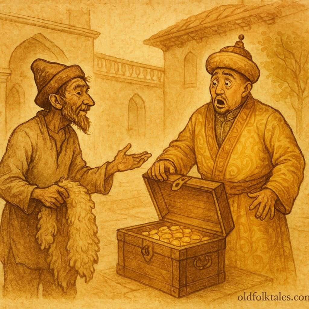 Parchment-style illustration of Aldar Kose tricking a rich Kazakh man to reveal his gold.