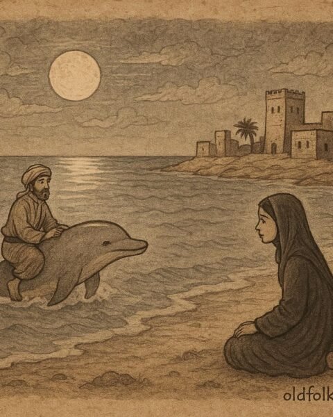 Parchment-style artwork of Mai and Ghaylan by the moonlit sea in Qatar, symbolising love and hope.