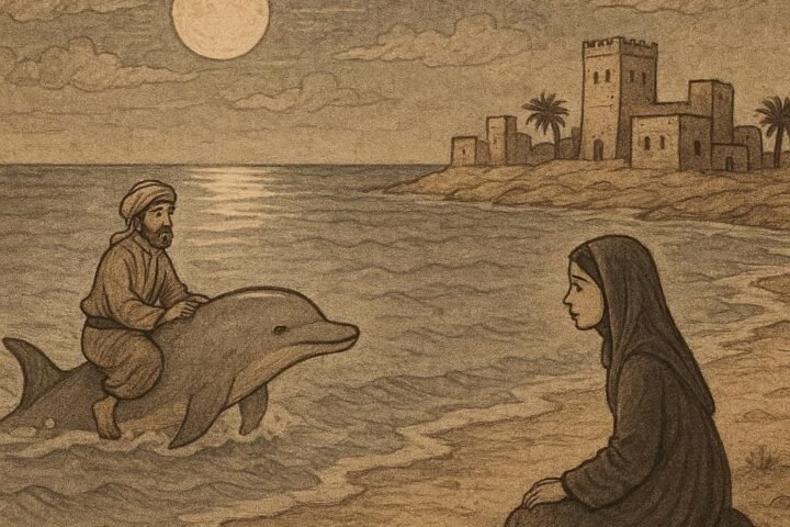 Parchment-style artwork of Mai and Ghaylan by the moonlit sea in Qatar, symbolising love and hope.