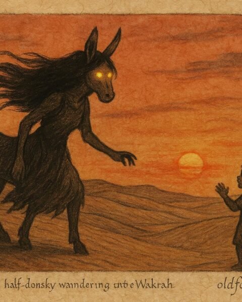 Parchment-style artwork of the Donkey Lady with fiery eyes confronting a child in the Qatari desert.
