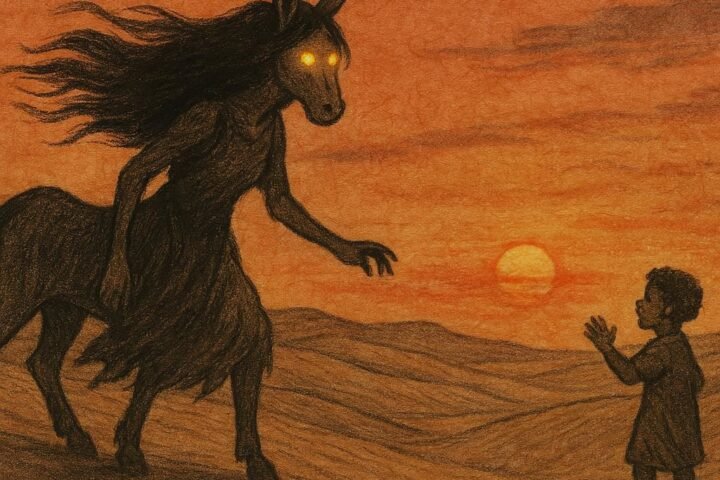 Parchment-style artwork of the Donkey Lady with fiery eyes confronting a child in the Qatari desert.