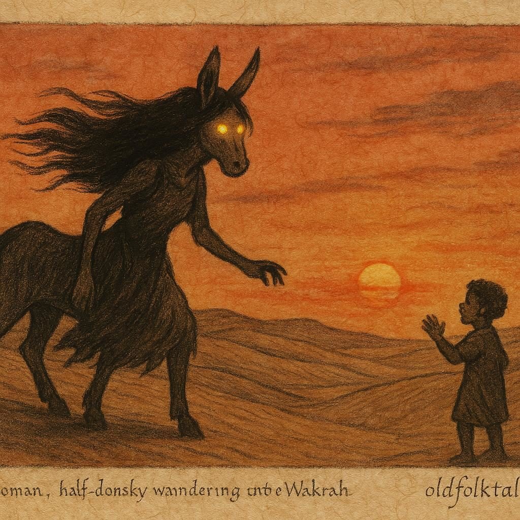Parchment-style artwork of the Donkey Lady with fiery eyes confronting a child in the Qatari desert.