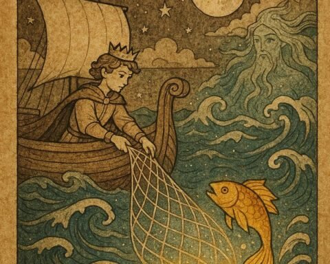 Parchment-style artwork of Jordanian prince catching the golden-headed fish beneath moonlit sea waves.