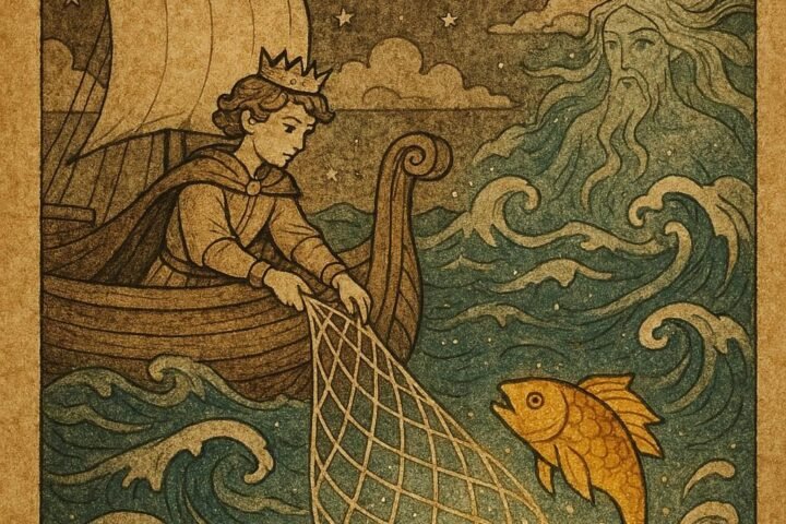Parchment-style artwork of Jordanian prince catching the golden-headed fish beneath moonlit sea waves.