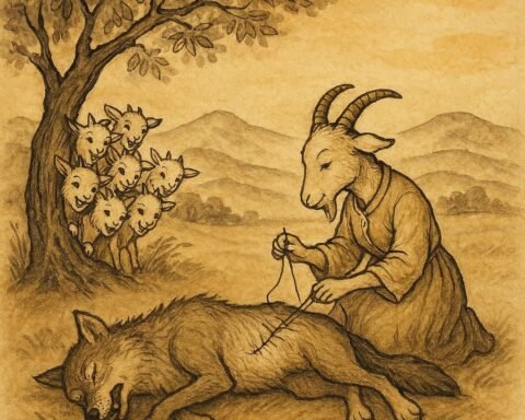 Parchment-style artwork of a mother goat rescuing her kids from the wolf, Kyrgyz folktale scene.