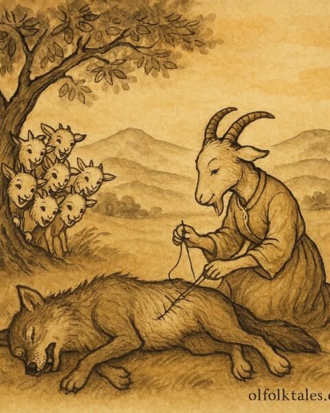 Parchment-style artwork of a mother goat rescuing her kids from the wolf, Kyrgyz folktale scene.