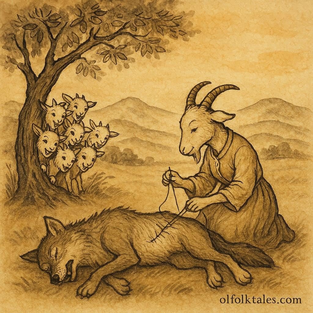 Parchment-style artwork of a mother goat rescuing her kids from the wolf, Kyrgyz folktale scene.
