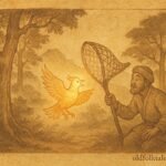 Parchment-style artwork of a hunter capturing a glowing bird in a Tajik forest, Central Asian folktale scene.