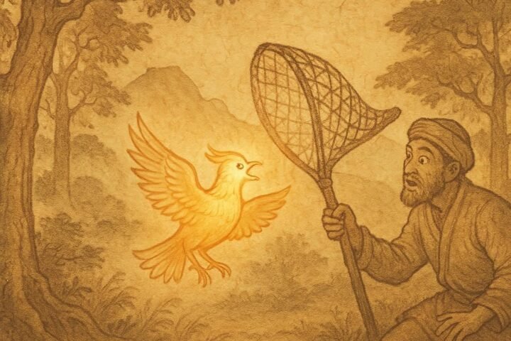 Parchment-style artwork of a hunter capturing a glowing bird in a Tajik forest, Central Asian folktale scene.