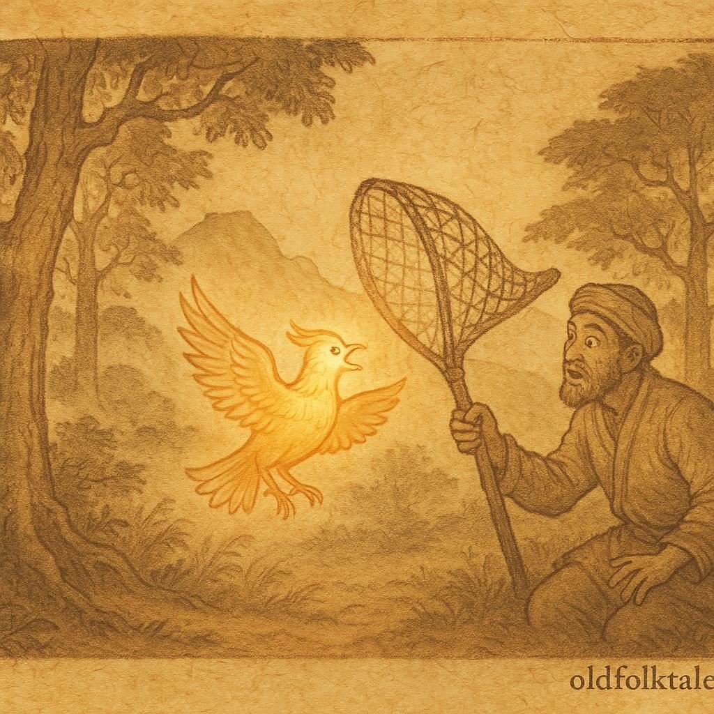 Parchment-style artwork of a hunter capturing a glowing bird in a Tajik forest, Central Asian folktale scene.