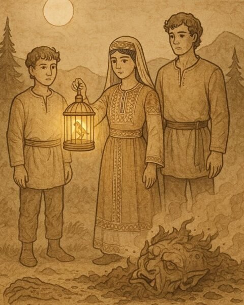 Parchment-style artwork of a Palestinian sister holding a golden cage with the Nightingale beside her brothers.