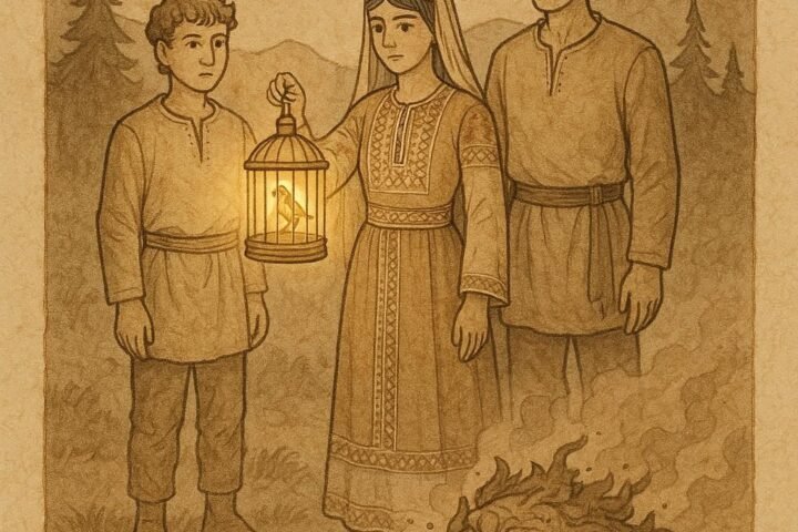Parchment-style artwork of a Palestinian sister holding a golden cage with the Nightingale beside her brothers.