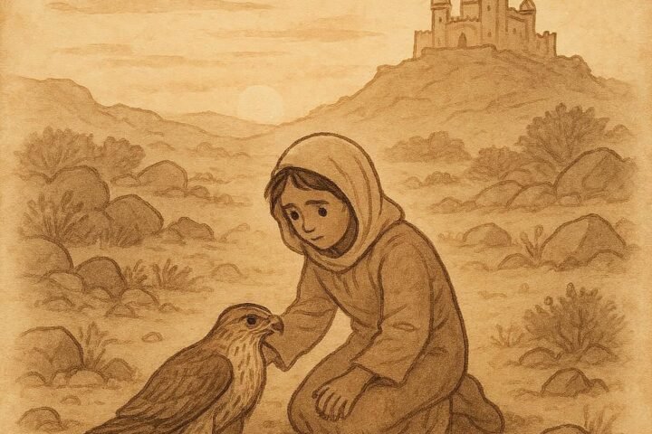Parchment-style illustration of orphan helping a hawk with palace in background, Dhofari folktale scene.