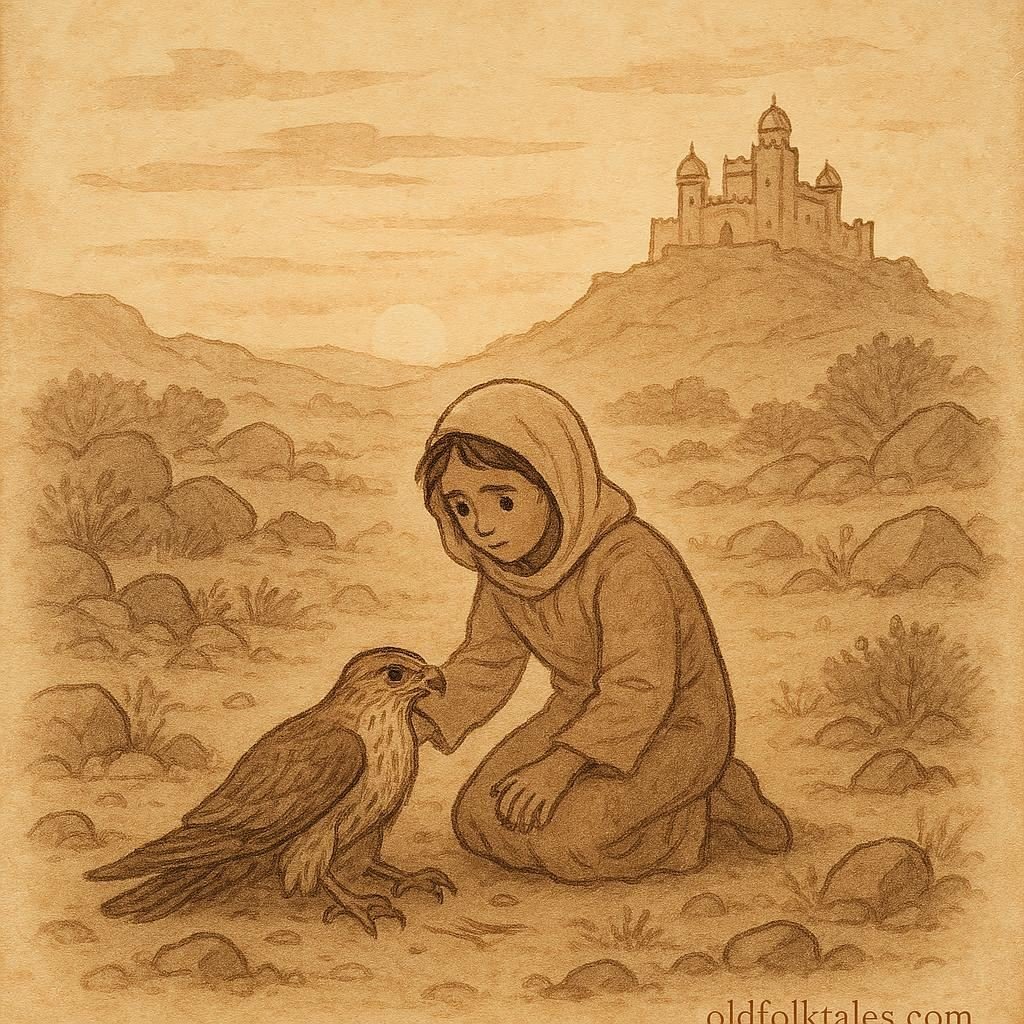 Parchment-style illustration of orphan helping a hawk with palace in background, Dhofari folktale scene.