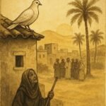 Parchment-style illustration of a dove on a Saudi rooftop at dawn, villagers watching below