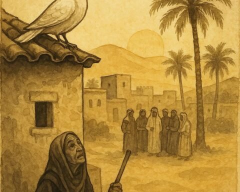 Parchment-style illustration of a dove on a Saudi rooftop at dawn, villagers watching below