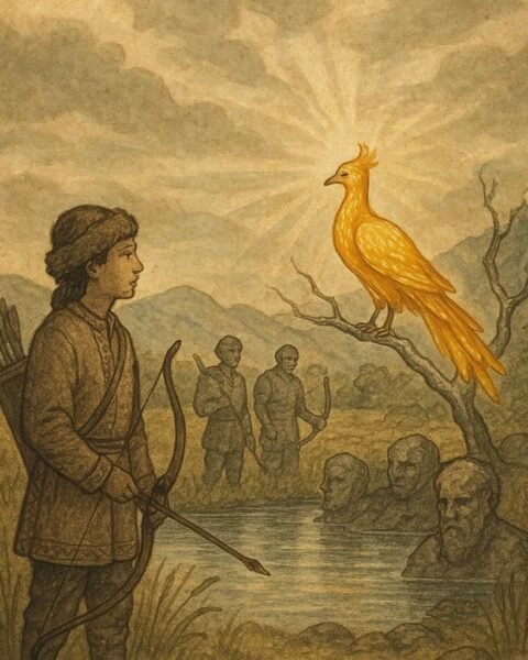 Parchment-style artwork of Kazakh archer Timur with golden bird, Central Asian folktale scene.