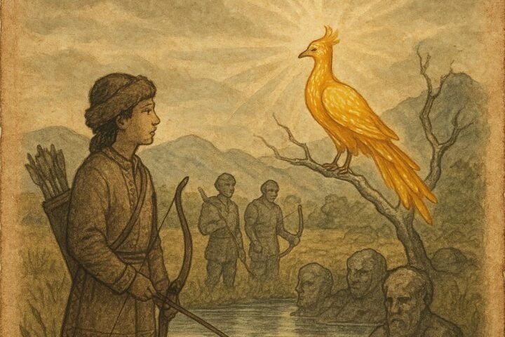 Parchment-style artwork of Kazakh archer Timur with golden bird, Central Asian folktale scene.