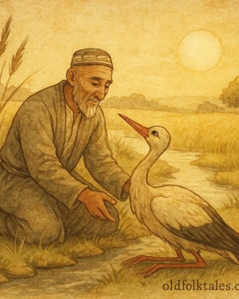 Parchment-style artwork of Uzbek farmer caring for a wounded stork by the river.