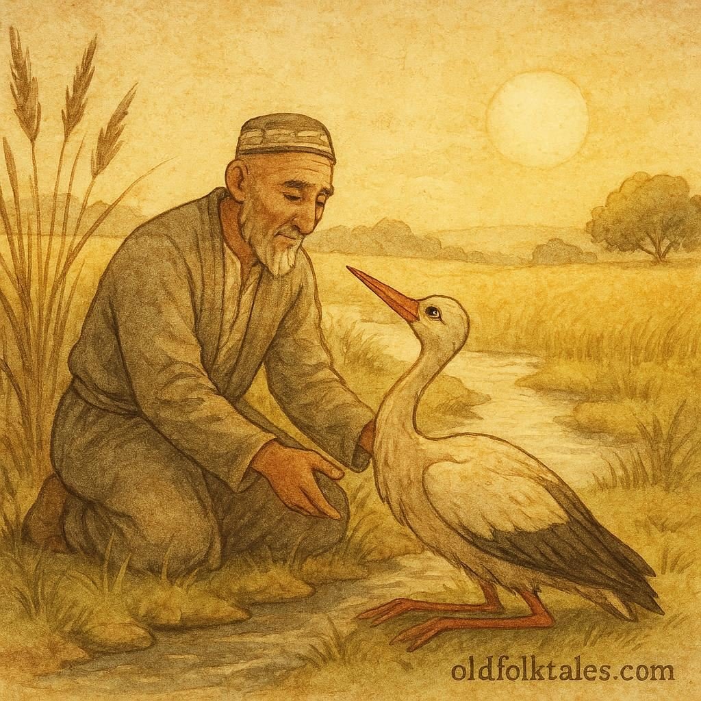 Parchment-style artwork of Uzbek farmer caring for a wounded stork by the river.