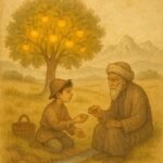 Parchment-style illustration of the gardener’s son offering bread under the golden apple tree, Kyrgyz folktale scene.