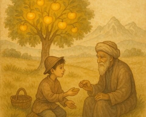 Parchment-style illustration of the gardener’s son offering bread under the golden apple tree, Kyrgyz folktale scene.