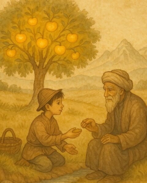 Parchment-style illustration of the gardener’s son offering bread under the golden apple tree, Kyrgyz folktale scene.