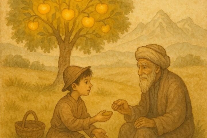 Parchment-style illustration of the gardener’s son offering bread under the golden apple tree, Kyrgyz folktale scene.