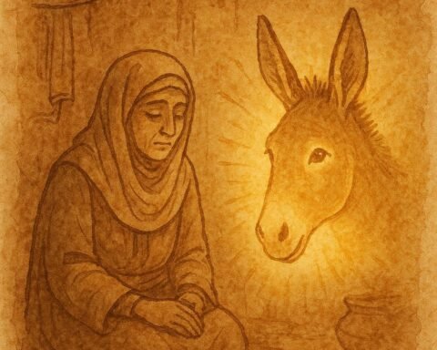 Parchment-style illustration of a widow and a magical donkey’s head, Israeli folktale scene.