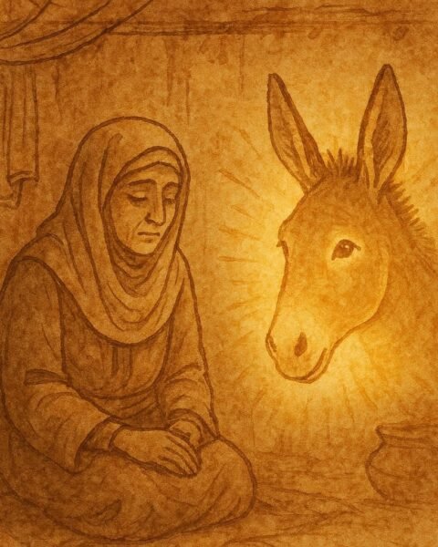 Parchment-style illustration of a widow and a magical donkey’s head, Israeli folktale scene.