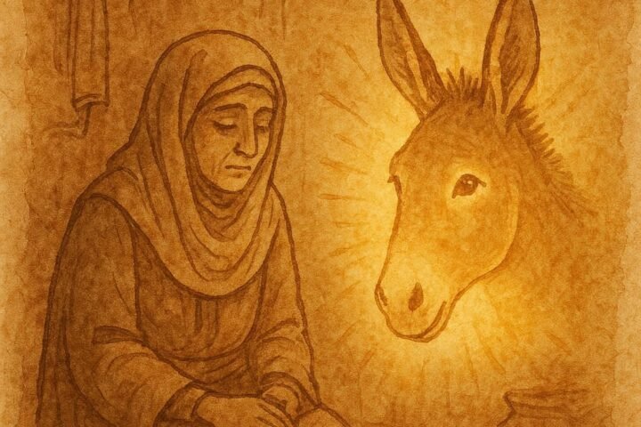 Parchment-style illustration of a widow and a magical donkey’s head, Israeli folktale scene.