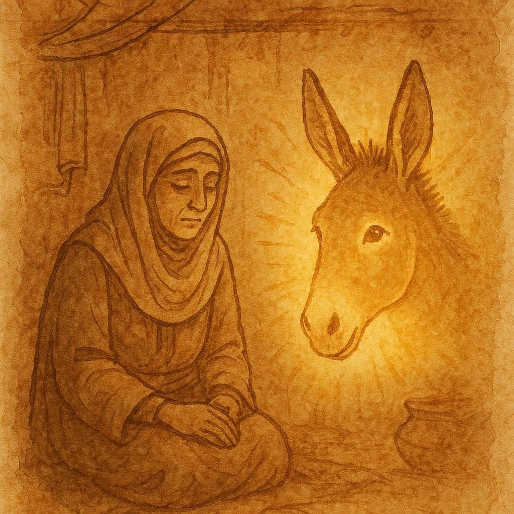 Parchment-style illustration of a widow and a magical donkey’s head, Israeli folktale scene.