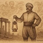 Parchment-style artwork of an Iraqi man with proud moustache before haunted ruins, folktale of honour and courage.