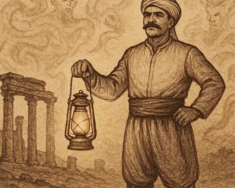 Parchment-style artwork of an Iraqi man with proud moustache before haunted ruins, folktale of honour and courage.