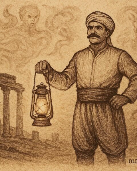 Parchment-style artwork of an Iraqi man with proud moustache before haunted ruins, folktale of honour and courage.