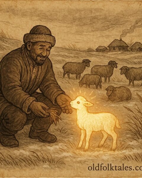 Parchment-style illustration of Nurali feeding magical lamb, Kazakh folktale scene.