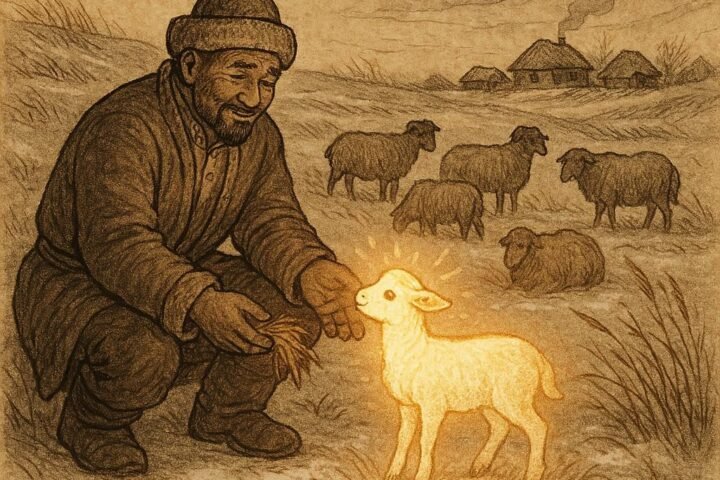 Parchment-style illustration of Nurali feeding magical lamb, Kazakh folktale scene.