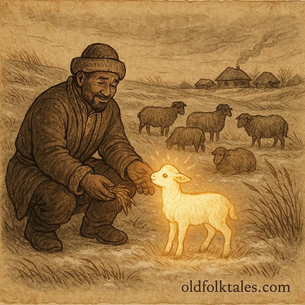 Parchment-style illustration of Nurali feeding magical lamb, Kazakh folktale scene.