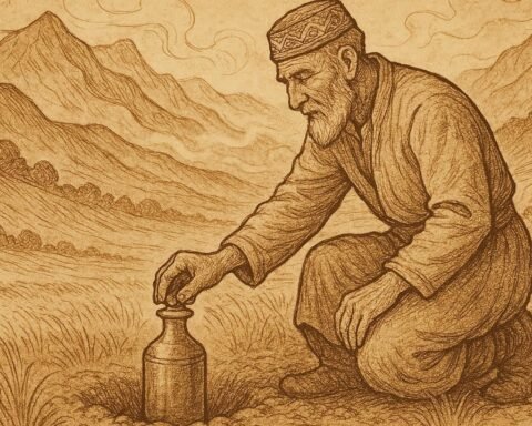 Parchment-style artwork of a Tajik farmer burying a copper bottle in a mountain valley, inspired by Tajik folktale.