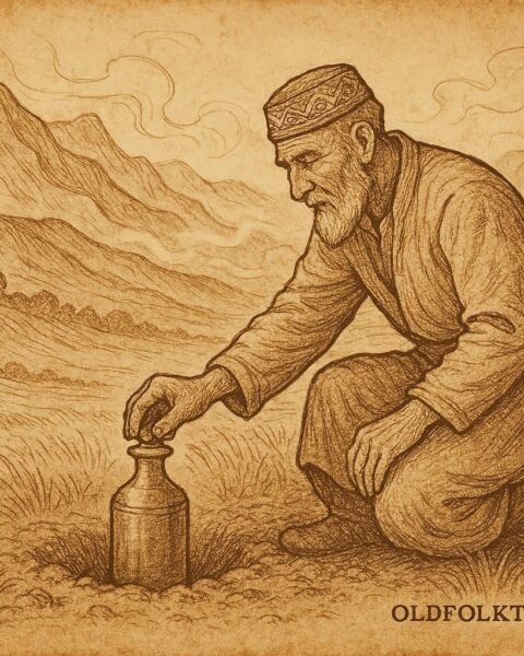 Parchment-style artwork of a Tajik farmer burying a copper bottle in a mountain valley, inspired by Tajik folktale.