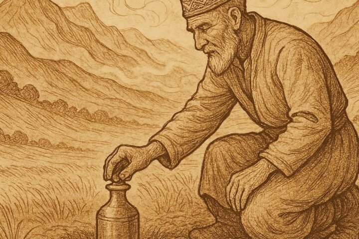 Parchment-style artwork of a Tajik farmer burying a copper bottle in a mountain valley, inspired by Tajik folktale.