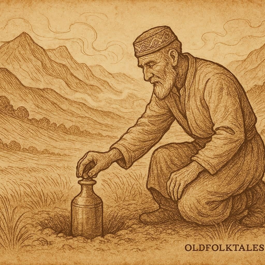 Parchment-style artwork of a Tajik farmer burying a copper bottle in a mountain valley, inspired by Tajik folktale.