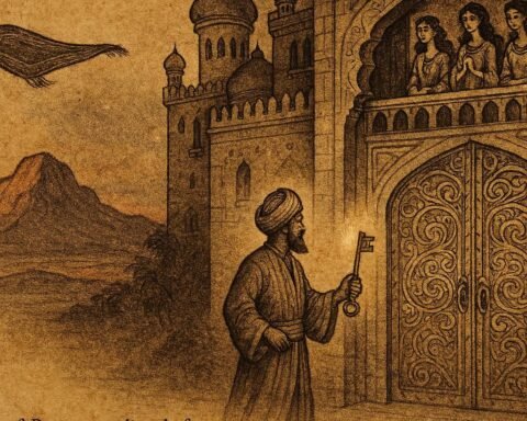 Parchment-style artwork of Hasan of Basra before a glowing jinn palace with jinn maidens, Iraqi folktale scene.