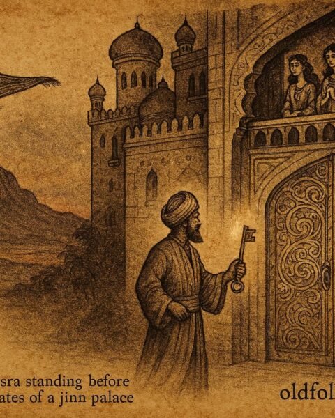 Parchment-style artwork of Hasan of Basra before a glowing jinn palace with jinn maidens, Iraqi folktale scene.