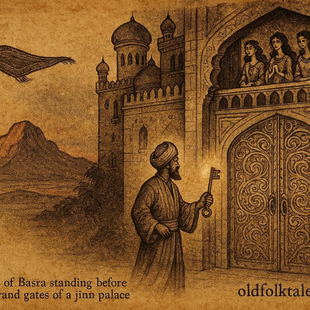Parchment-style artwork of Hasan of Basra before a glowing jinn palace with jinn maidens, Iraqi folktale scene.