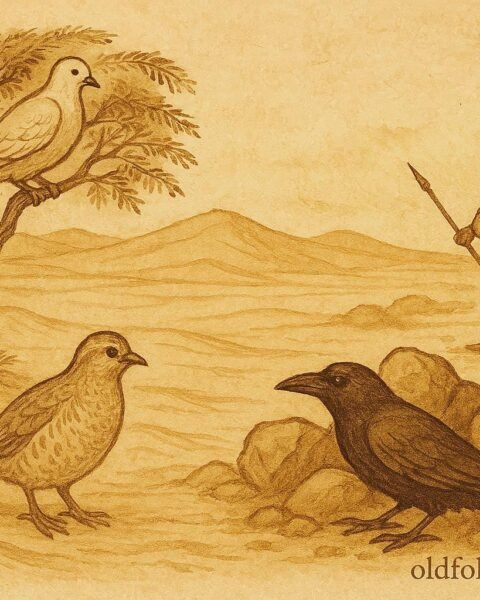 Parchment-style artwork of a dove, partridge, and crow in a Saudi desert folktale scene.