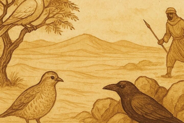 Parchment-style artwork of a dove, partridge, and crow in a Saudi desert folktale scene.