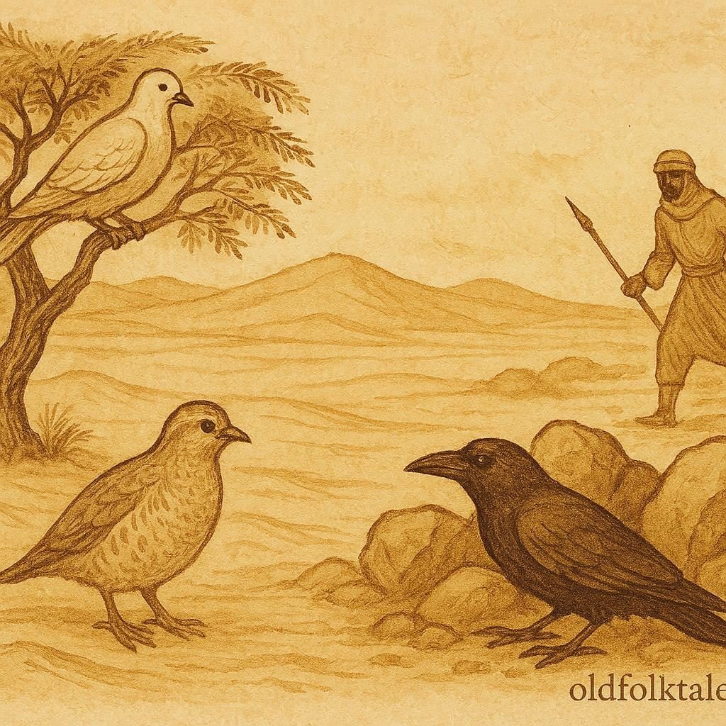 Parchment-style artwork of a dove, partridge, and crow in a Saudi desert folktale scene.